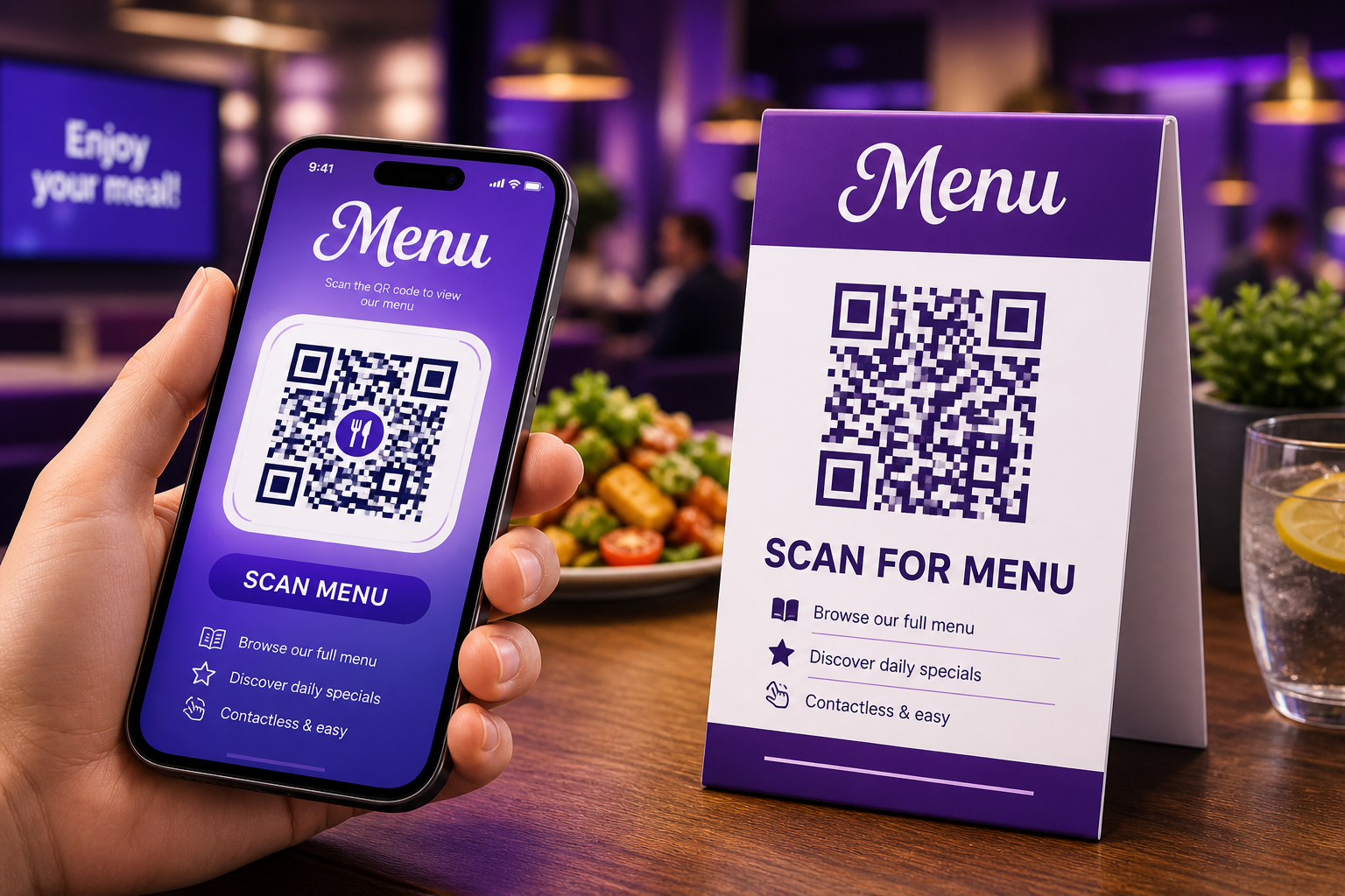 Dynamic QR code on a restaurant table tent linking to a live digital menu