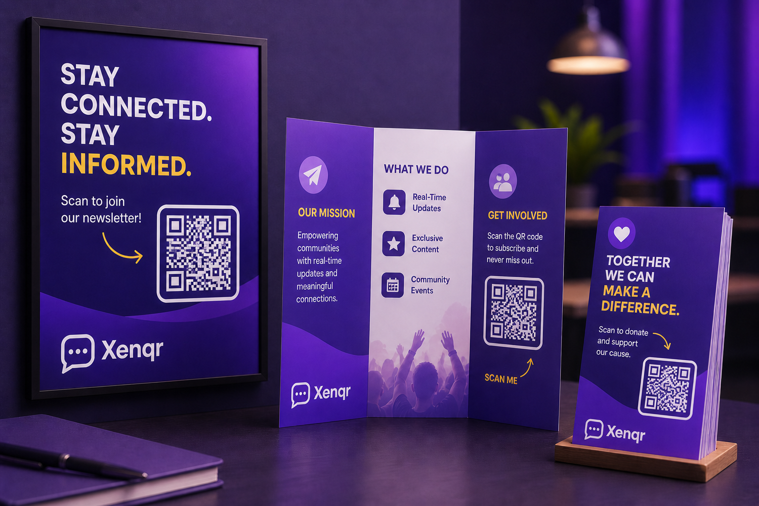Printed flyer with a dynamic QR code linking to an updatable PDF document