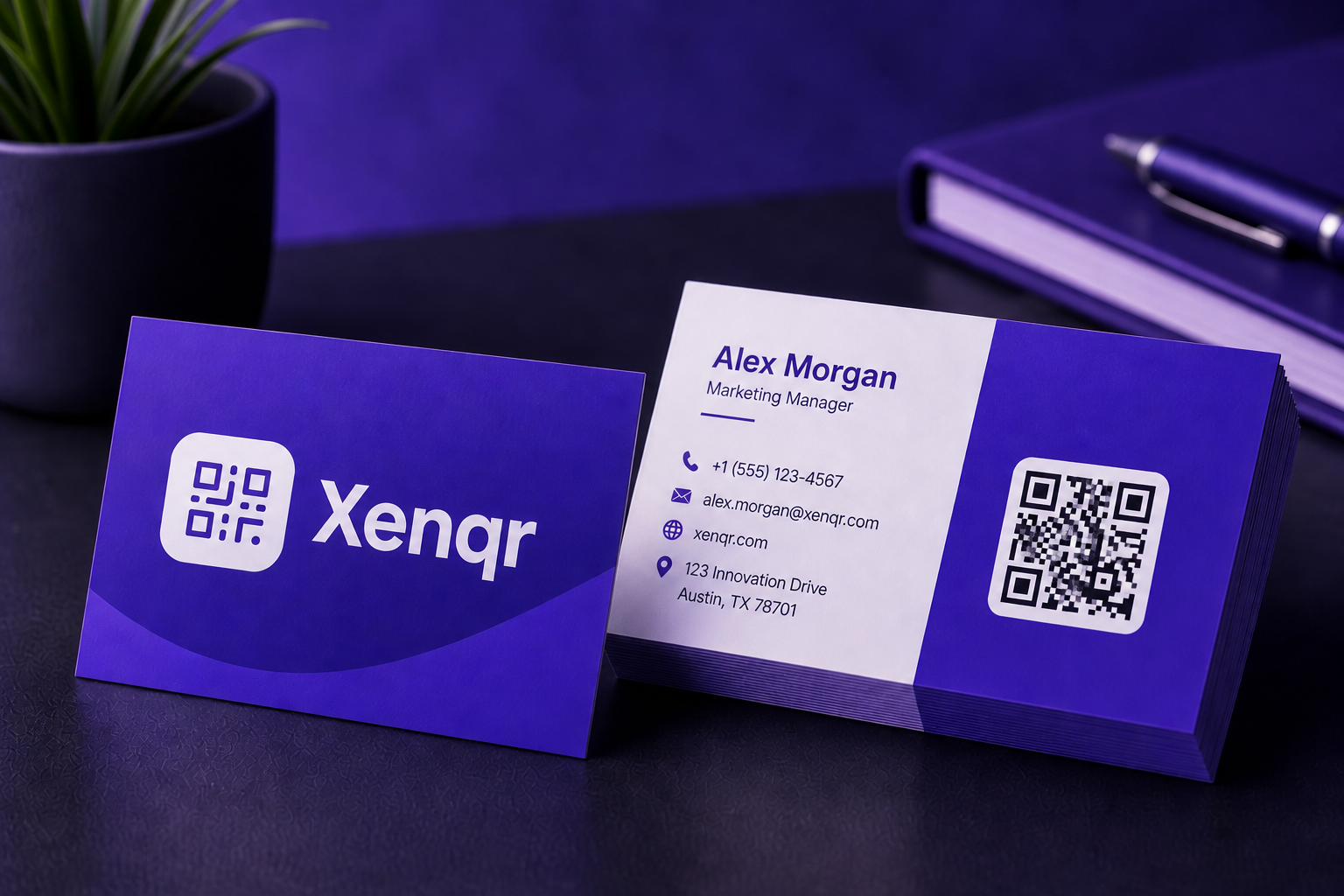Business card with a dynamic vCard QR code for instant contact saving